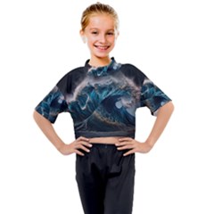 Tsunami Waves Ocean Sea Water Rough Seas 7 Kids Mock Neck Tee