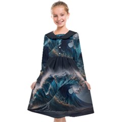 Tsunami Waves Ocean Sea Water Rough Seas 7 Kids  Midi Sailor Dress