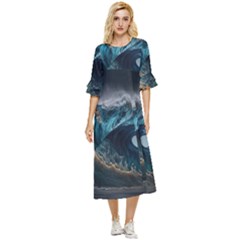 Tsunami Waves Ocean Sea Water Rough Seas 7 Double Cuff Midi Dress by Ravend