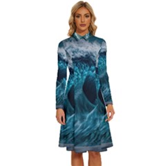 Tsunami Waves Ocean Sea Water Rough Seas 6 Long Sleeve Shirt Collar A-line Dress by Ravend