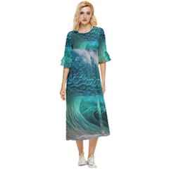 Tsunami Waves Ocean Sea Water Rough Seas 2 Double Cuff Midi Dress