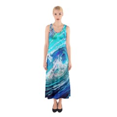 Tsunami Waves Ocean Sea Nautical Nature Water Painting Sleeveless Maxi Dress by Ravend