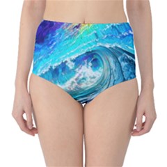 Tsunami Waves Ocean Sea Nautical Nature Water Painting Classic High-waist Bikini Bottoms by Ravend