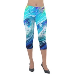 Tsunami Waves Ocean Sea Nautical Nature Water Painting Lightweight Velour Capri Leggings 