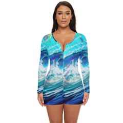 Tsunami Waves Ocean Sea Nautical Nature Water Painting Long Sleeve Boyleg Swimsuit