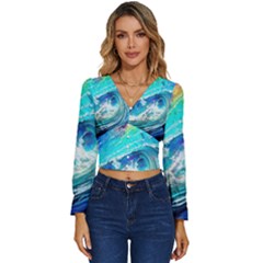 Tsunami Waves Ocean Sea Nautical Nature Water Painting Long Sleeve V-Neck Top