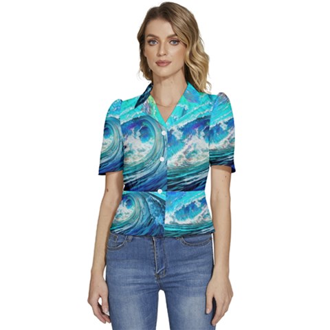 Tsunami Waves Ocean Sea Nautical Nature Water Painting Puffed Short Sleeve Button Up Jacket by Ravend