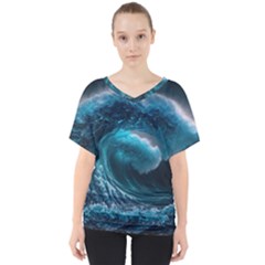 Tsunami Waves Ocean Sea Water Rough Seas 4 V-neck Dolman Drape Top by Ravend