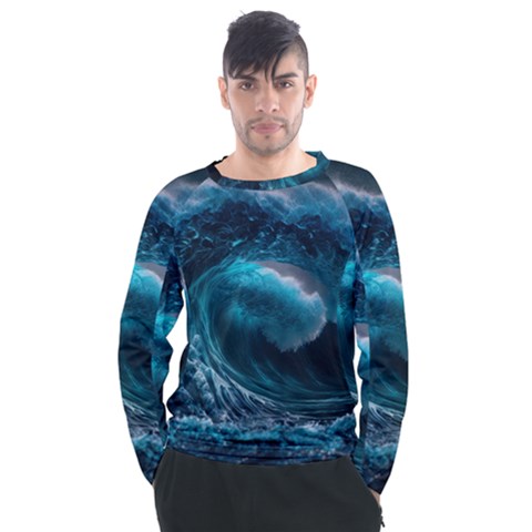 Tsunami Waves Ocean Sea Water Rough Seas 4 Men s Long Sleeve Raglan Tee by Ravend