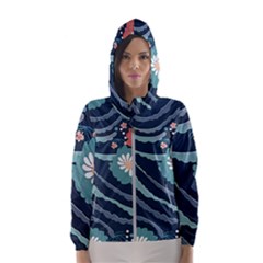 Waves Flowers Pattern Water Floral Minimalist Women s Hooded Windbreaker