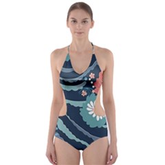 Waves Flowers Pattern Water Floral Minimalist Cut-out One Piece Swimsuit