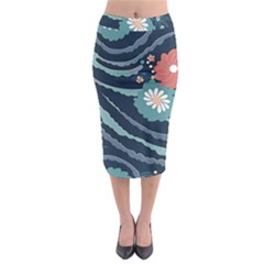 Waves Flowers Pattern Water Floral Minimalist Midi Pencil Skirt