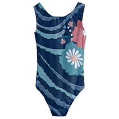 Waves Flowers Pattern Water Floral Minimalist Kids  Cut-out Back One Piece Swimsuit