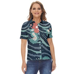 Waves Flowers Pattern Water Floral Minimalist Women s Short Sleeve Double Pocket Shirt