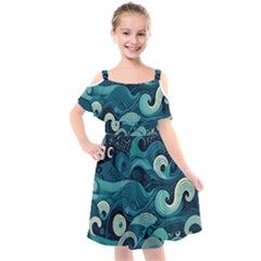 Waves Ocean Sea Abstract Whimsical Abstract Art Kids  Cut Out Shoulders Chiffon Dress by Ravend