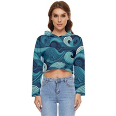 Waves Ocean Sea Abstract Whimsical Abstract Art Women s Lightweight Cropped Hoodie