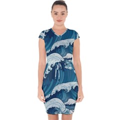 Waves Ocean Sea Pattern Water Tsunami Rough Seas Capsleeve Drawstring Dress 