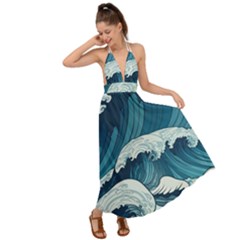 Waves Ocean Sea Pattern Water Tsunami Rough Seas Backless Maxi Beach Dress