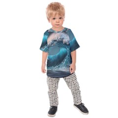 Tsunami Waves Ocean Sea Water Rough Seas Kids  Raglan Tee