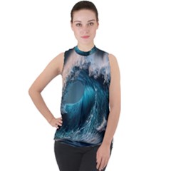 Tsunami Waves Ocean Sea Water Rough Seas Mock Neck Chiffon Sleeveless Top