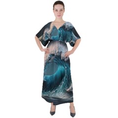 Tsunami Waves Ocean Sea Water Rough Seas V-neck Boho Style Maxi Dress by Ravend