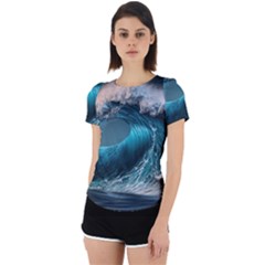 Tsunami Waves Ocean Sea Water Rough Seas Back Cut Out Sport Tee