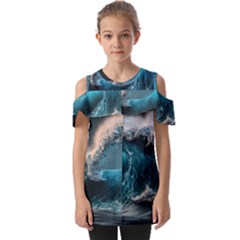 Tsunami Waves Ocean Sea Water Rough Seas Fold Over Open Sleeve Top