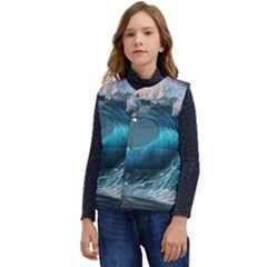 Tsunami Waves Ocean Sea Water Rough Seas Kid s Short Button Up Puffer Vest	