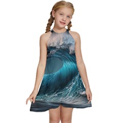 Tsunami Waves Ocean Sea Water Rough Seas Kids  Halter Collar Waist Tie Chiffon Dress