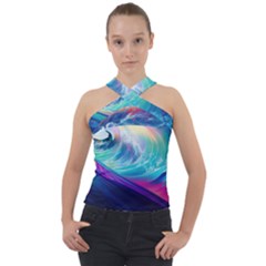 Waves Ocean Sea Tsunami Nautical Nature Water Cross Neck Velour Top