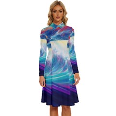 Waves Ocean Sea Tsunami Nautical Nature Water Long Sleeve Shirt Collar A-line Dress by Ravend