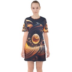 Ai Generated Swirl Space Design Fractal Light Abstract Sixties Short Sleeve Mini Dress by Ravend