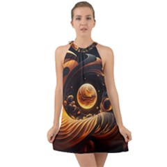 Ai Generated Swirl Space Design Fractal Light Abstract Halter Tie Back Chiffon Dress