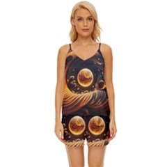 Ai Generated Swirl Space Design Fractal Light Abstract V-neck Satin Pajamas Set by Ravend