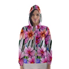 Beautiful Big Blooming Flowers Watercolor Women s Hooded Windbreaker by GardenOfOphir