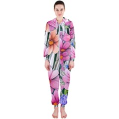 Beautiful Big Blooming Flowers Watercolor Hooded Jumpsuit (ladies) by GardenOfOphir