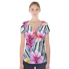 Beautiful Big Blooming Flowers Watercolor Short Sleeve Front Detail Top by GardenOfOphir