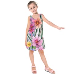 Beautiful Big Blooming Flowers Watercolor Kids  Sleeveless Dress by GardenOfOphir