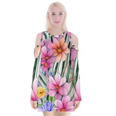 Beautiful Big Blooming Flowers Watercolor Velvet Long Sleeve Shoulder Cutout Dress by GardenOfOphir