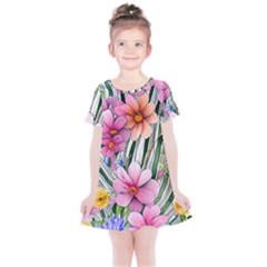 Beautiful Big Blooming Flowers Watercolor Kids  Simple Cotton Dress by GardenOfOphir