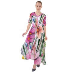 Beautiful Big Blooming Flowers Watercolor Waist Tie Boho Maxi Dress