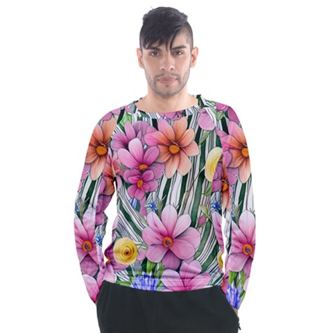 Beautiful Big Blooming Flowers Watercolor Men s Long Sleeve Raglan Tee by GardenOfOphir