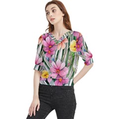 Beautiful Big Blooming Flowers Watercolor Quarter Sleeve Blouse