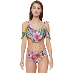 Beautiful Big Blooming Flowers Watercolor Ruffle Edge Tie Up Bikini Set	