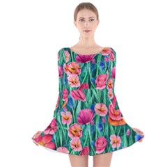 Blossom-filled Watercolor Flowers Long Sleeve Velvet Skater Dress by GardenOfOphir