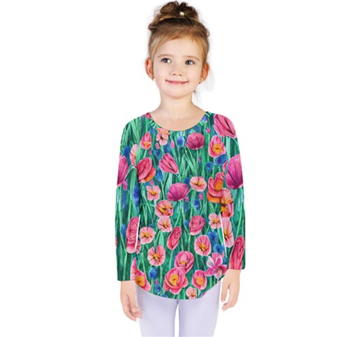 Blossom-filled Watercolor Flowers Kids  Long Sleeve Tee by GardenOfOphir