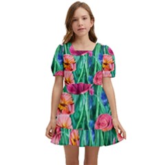 Blossom-filled Watercolor Flowers Kids  Short Sleeve Dolly Dress by GardenOfOphir