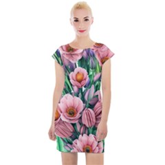 Azure Watercolor Flowers Cap Sleeve Bodycon Dress by GardenOfOphir