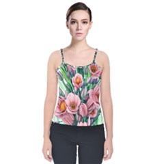 Azure Watercolor Flowers Velvet Spaghetti Strap Top