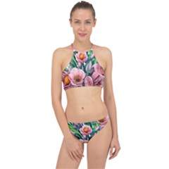 Azure Watercolor Flowers Racer Front Bikini Set